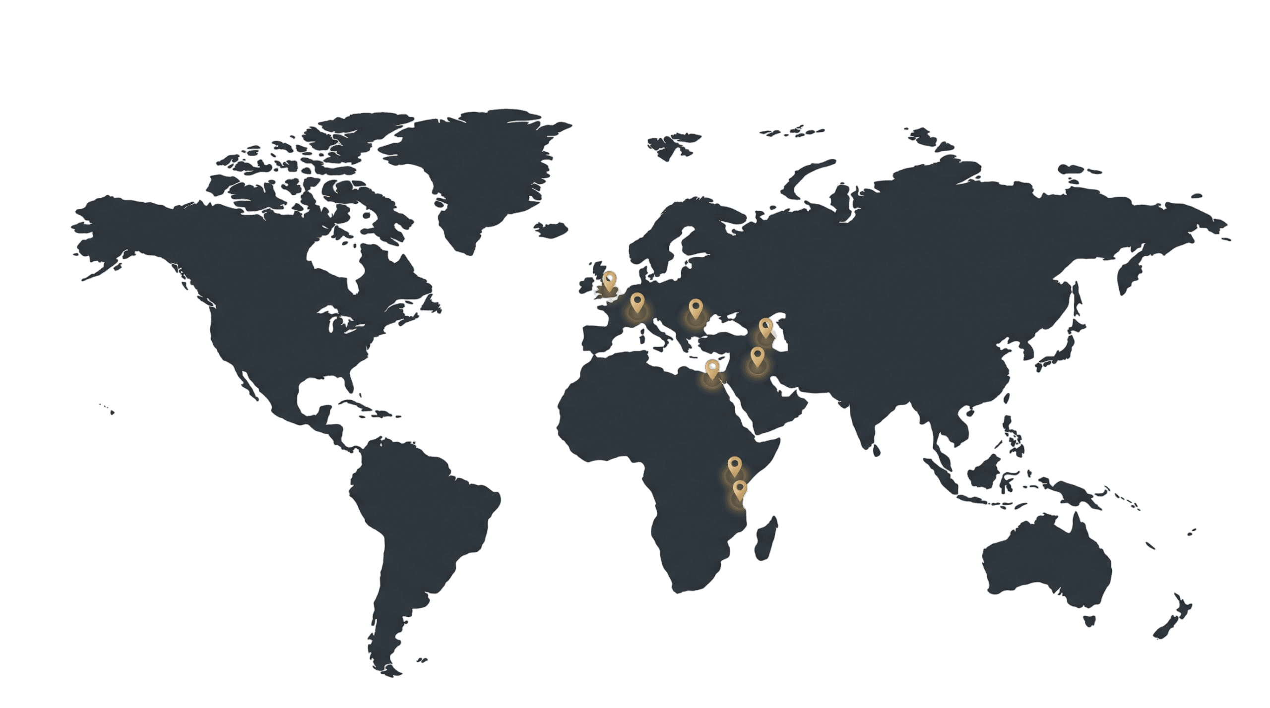 World map highlighting Goura Group's professional locations across Europe, Africa, and the Middle East